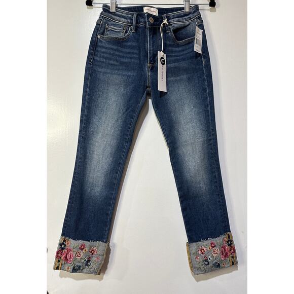 Driftwood Embroidered Colette Jeans Medium Wash Size 25W 26L NWT Floral Cuffed - Picture 2 of 16